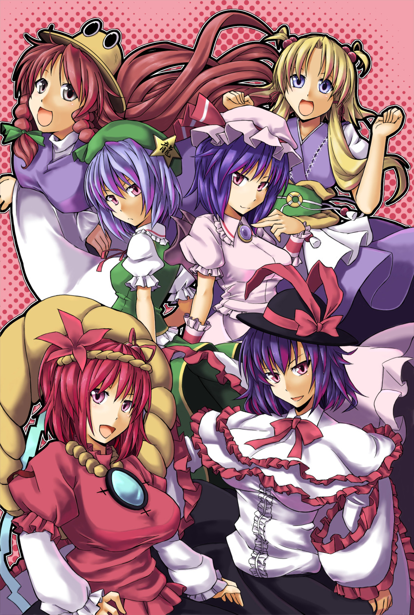 6+girls absurdres alto-00 blonde_hair blue_eyes blue_hair commentary_request cosplay costume_switch hair_bobbles hair_ornament hat highres hong_meiling hong_meiling_(cosplay) long_hair moriya_suwako moriya_suwako_(cosplay) multiple_girls nagae_iku nagae_iku_(cosplay) onozuka_komachi onozuka_komachi_(cosplay) photoshop_(medium) purple_hair red_eyes red_hair remilia_scarlet remilia_scarlet_(cosplay) short_hair touhou two_side_up yasaka_kanako yasaka_kanako_(cosplay)