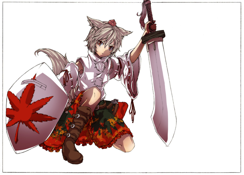 animal_ears commentary_request female grey_hair hat highres inubashiri_momiji photoshop_(medium) rainblossom shield short_hair solo sword tokin_hat touhou weapon wolf_ears