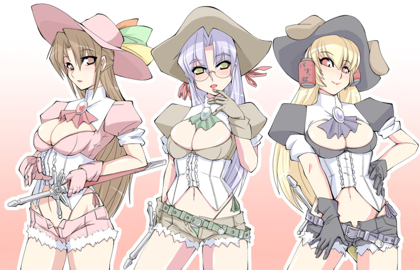 3girls 95-tan bad_id bad_pixiv_id blonde_hair breasts brown_eyes brown_hair cleavage corset cowboy_hat cowboy_shot cowboy_western daiginjou futaba_channel glasses gloves green_eyes hat highleg highleg_panties kiri-san large_breasts medium_breasts multiple_girls nijiura_maids os-tan panties purple_hair ruriwo_(ruriwo1894) short_shorts shorts side-tie_panties sword thong underwear weapon