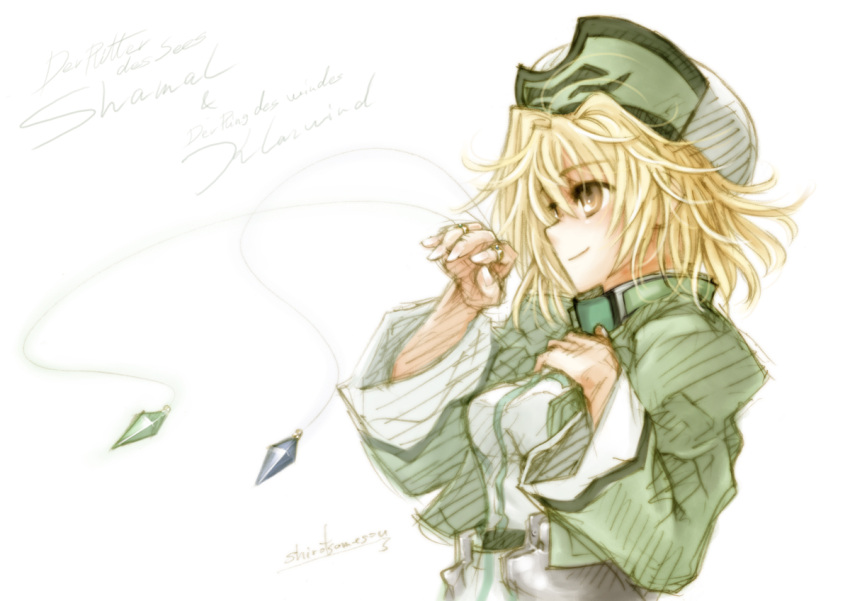 blonde_hair commentary_request female hat jewelry klarwind lyrical_nanoha mahou_shoujo_lyrical_nanoha mahou_shoujo_lyrical_nanoha_a's ring ryou_(shirotsumesou) shamal short_hair sketch solo yellow_eyes