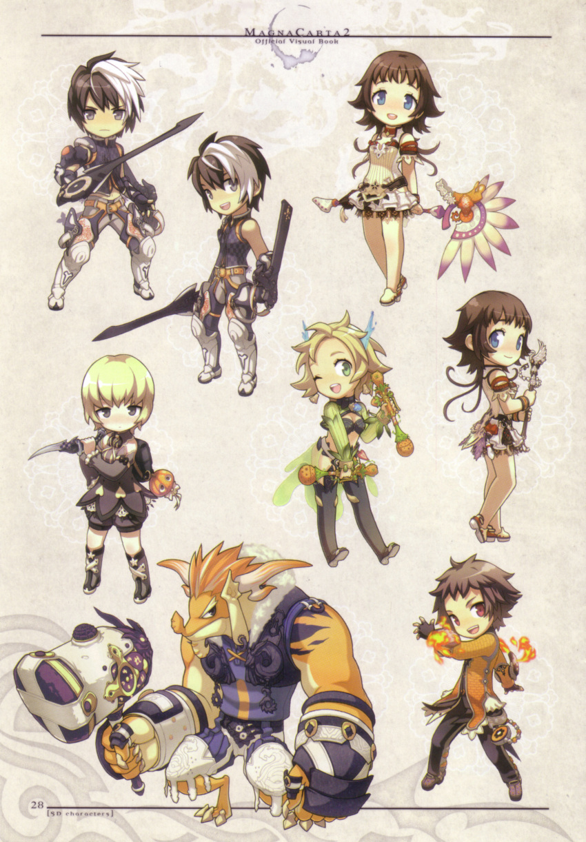 2boys 3girls :d absurdres argo_(magna_carta_2) bare_legs bikini bikini_top_only blonde_hair brown_hair celestin_roaa chibi crocell_reedan green_eyes grey_eyes highres juto kim_hyung_tae magna_carta magna_carta_2 multiple_boys multiple_girls one_eye_closed open_mouth photoshop_(medium) pumpkin red_eyes rue_(magna_carta_2) scan short_hair smile standing swimsuit weapon zephie_(magna_carta)