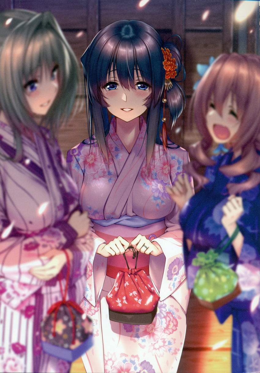 3girls :d ^_^ amakano_~second_season~ animal_print blue_eyes blurry blurry_foreground blush breasts closed_eyes depth_of_field fish_print floral_print hair_ornament highres holding hoshikawa_koharu japanese_clothes jewelry kanbayashi_mizuki kimono kinchaku large_breasts long_hair long_sleeves looking_at_viewer multiple_girls open_mouth parted_lips petals piromizu pouch ring scan short_hair smile takayashiro_sayuki tied_hair