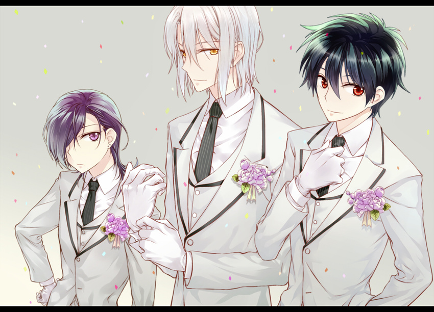 3boys ashiya_shirou commentary_request confetti formal gloves green_hair hair_over_one_eye hataraku_maou-sama! male_focus maou_sadao multiple_boys necktie purple_eyes purple_hair red_eyes suit urushihara_hanzou white_hair winglayer yellow_eyes