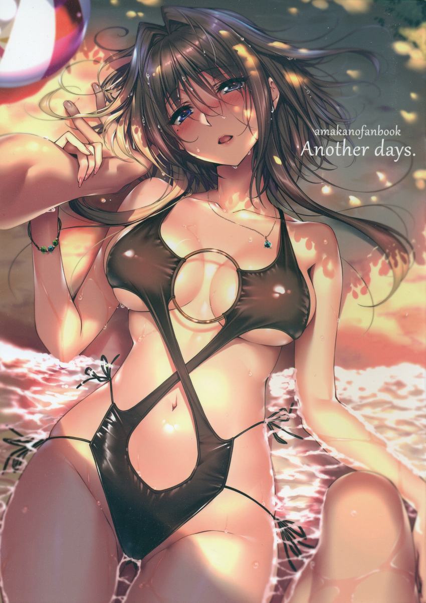 amakano arm_grab artist_name ball bare_shoulders beach beachball black_one-piece_swimsuit blue_eyes blush bracelet breasts breasts_apart brown_hair collarbone cowboy_shot d: female fingernails hair_intakes head_tilt highres jewelry kanbayashi_mizuki large_breasts long_fingernails looking_up lying medium_hair mole mole_under_eye navel necklace o-ring o-ring_swimsuit on_back one-piece_swimsuit open_mouth out_of_frame outdoors partially_submerged piromizu scan shadow shiny_clothes shiny_skin short_hair short_hair_with_long_locks side-tie_swimsuit solo_focus swimsuit water water_drop wet wet_hair