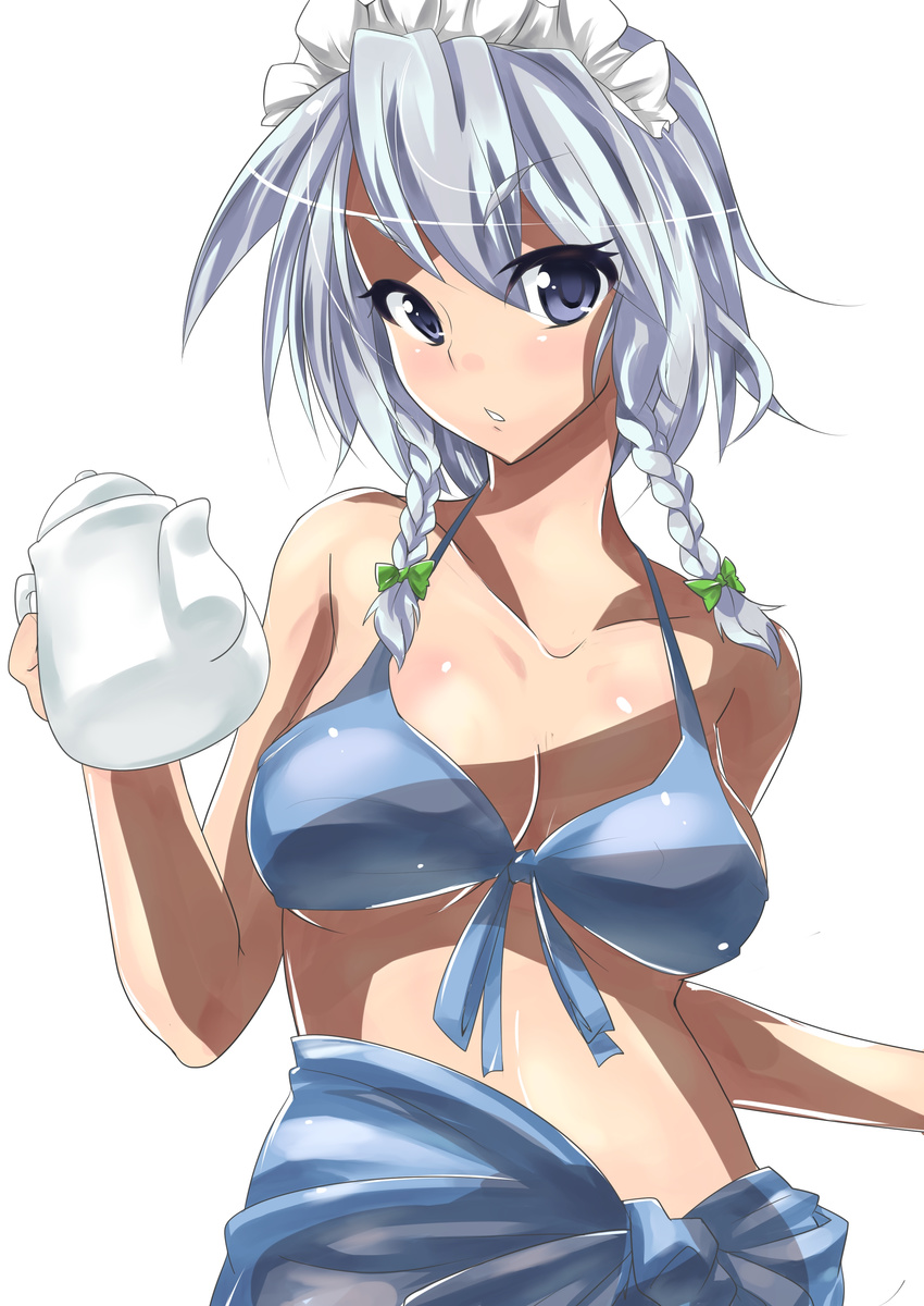 absurdres bikini bikini_top_only blue_eyes blue_sarong bow braid breasts chestnut_mouth cleavage female front-tie_top grey_hair hairbow highres inuwi_(yokose_y) izayoi_sakuya large_breasts looking_at_viewer maid_headdress parted_lips sarong short_hair simple_background solo swimsuit teapot touhou twin_braids white_background