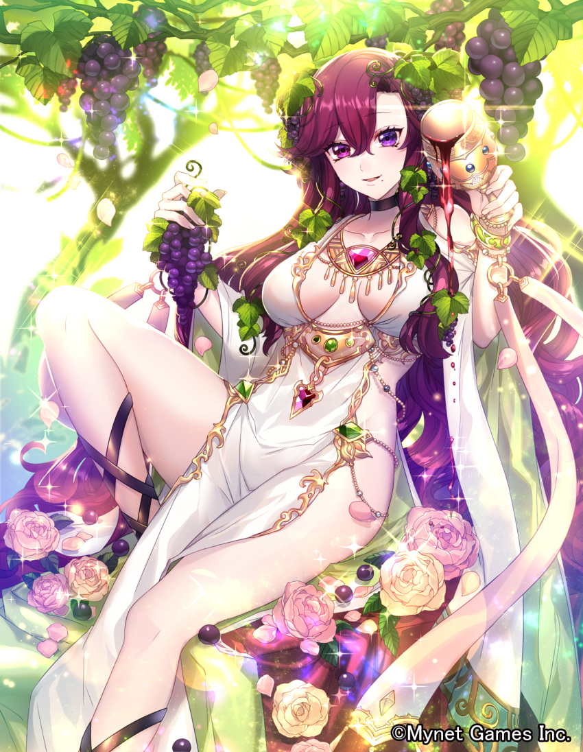 bangle bead_bracelet beads black_choker bracelet breasts chalice choker commentary_request company_name cup dress female flower food fruit gem glint grapes gyakushuu_no_fantasica hair_between_eyes hair_fruit hair_ornament hand_up highres holding holding_cup holding_food holding_fruit jewelry katagiri_hachigou knee_up leaf_hair_ornament long_hair looking_at_viewer medium_breasts official_art petals photoshop_(medium) pouring purple_eyes purple_hair sitting smile solo sparkle very_long_hair white_dress