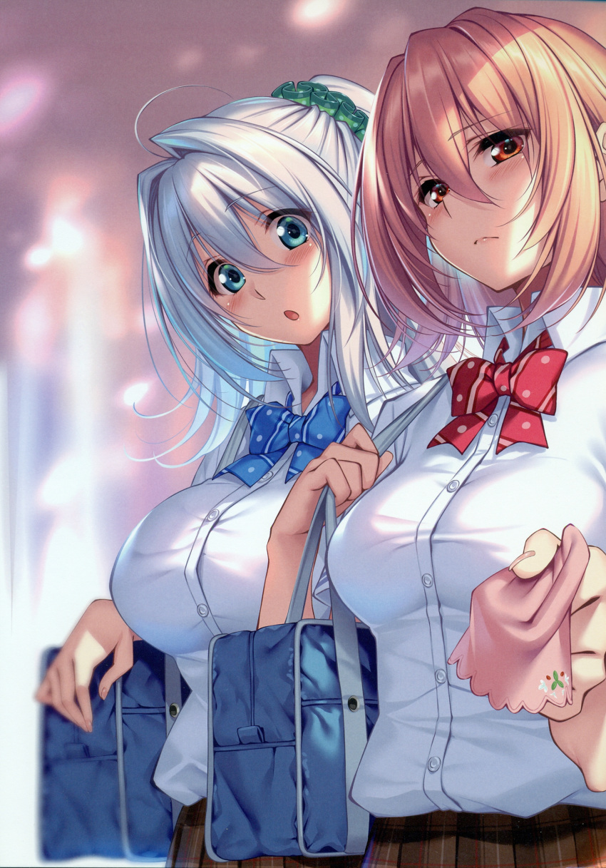 2girls ahoge amakano_~second_season~ aqua_eyes bag blue_bow blue_neckwear blurry blurry_background bow bowtie breasts brown_eyes brown_hair buttons character_request closed_mouth fingernails green_scrunchie hair_ornament hair_scrunchie handkerchief highres holding large_breasts lips long_hair looking_at_viewer multiple_girls piromizu polka_dot polka_dot_bow polka_dot_bowtie polka_dot_scrunchie red_bow red_bowtie scan school_bag school_uniform scrunchie short_sleeves skirt striped_bow striped_bowtie striped_clothes suzurikawa_euphrasie_ruika