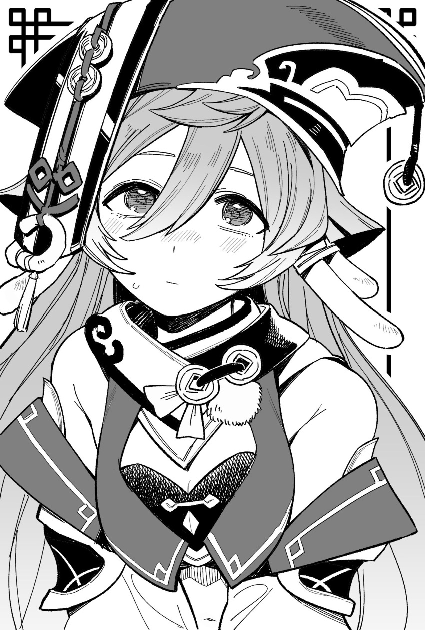 antlers bare_shoulders breasts cleavage closed_mouth detached_sleeves female genshin_impact greyscale hair_between_eyes hat highres horns long_hair looking_up monochrome simple_background small_breasts solo sweat tassel upper_body very_long_hair yanfei_(genshin_impact) yugami_gooshu