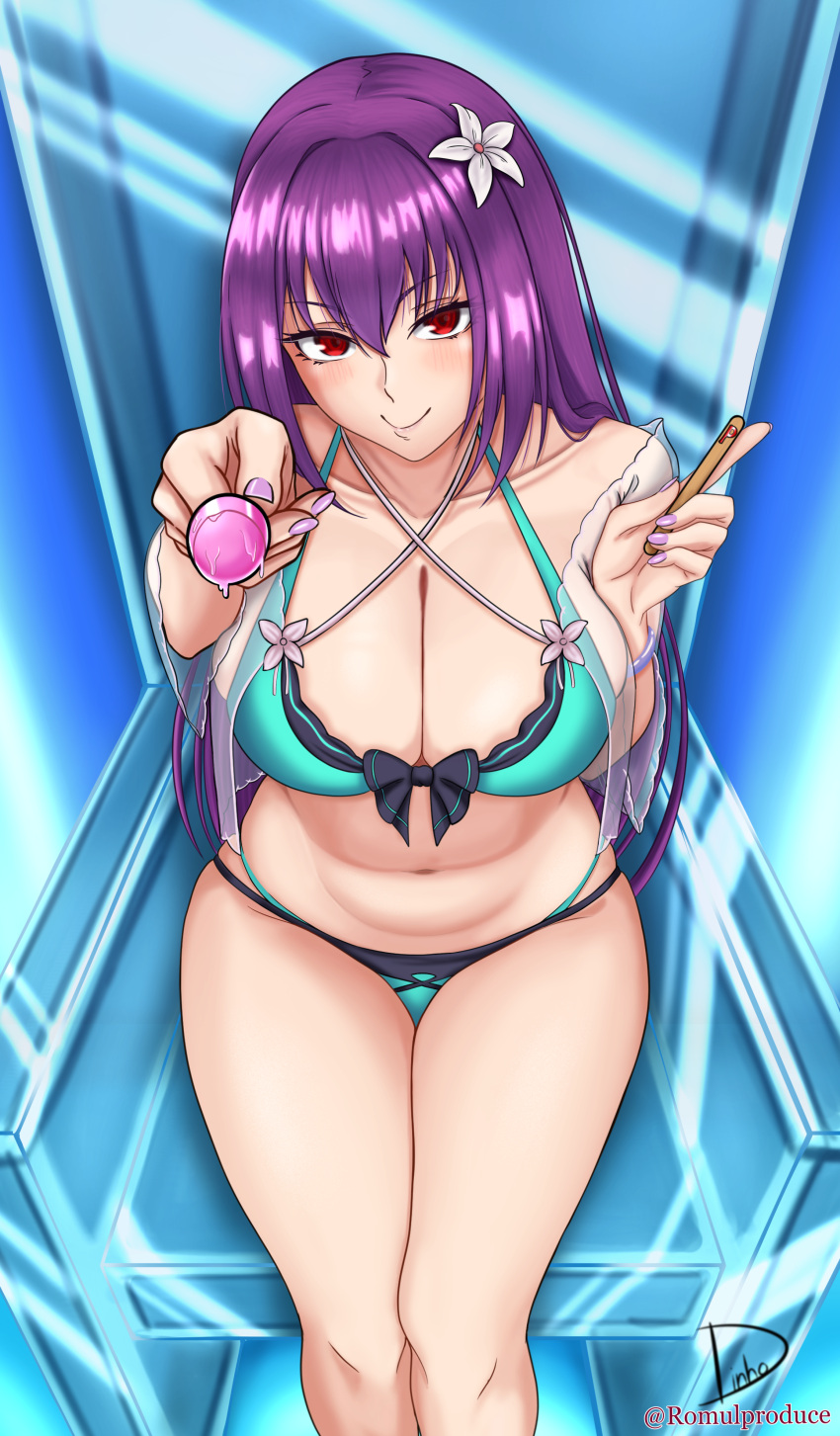 absurdres aqua_bikini bikini blush breasts chair cleavage fate/grand_order fate_(series) flower food foreshortening green_bikini hair_flower hair_ornament highres holding holding_food holding_popsicle large_breasts looking_at_viewer nail_polish navel popsicle popsicle_stick purple_hair purple_nails red_eyes romulproduce scathach_(fate) scathach_skadi_(fate) scathach_skadi_(swimsuit_ruler)_(fate) scathach_skadi_(swimsuit_ruler)_(final_ascension)_(fate) see-through see-through_sleeves smile swimsuit thighs two-tone_bikini