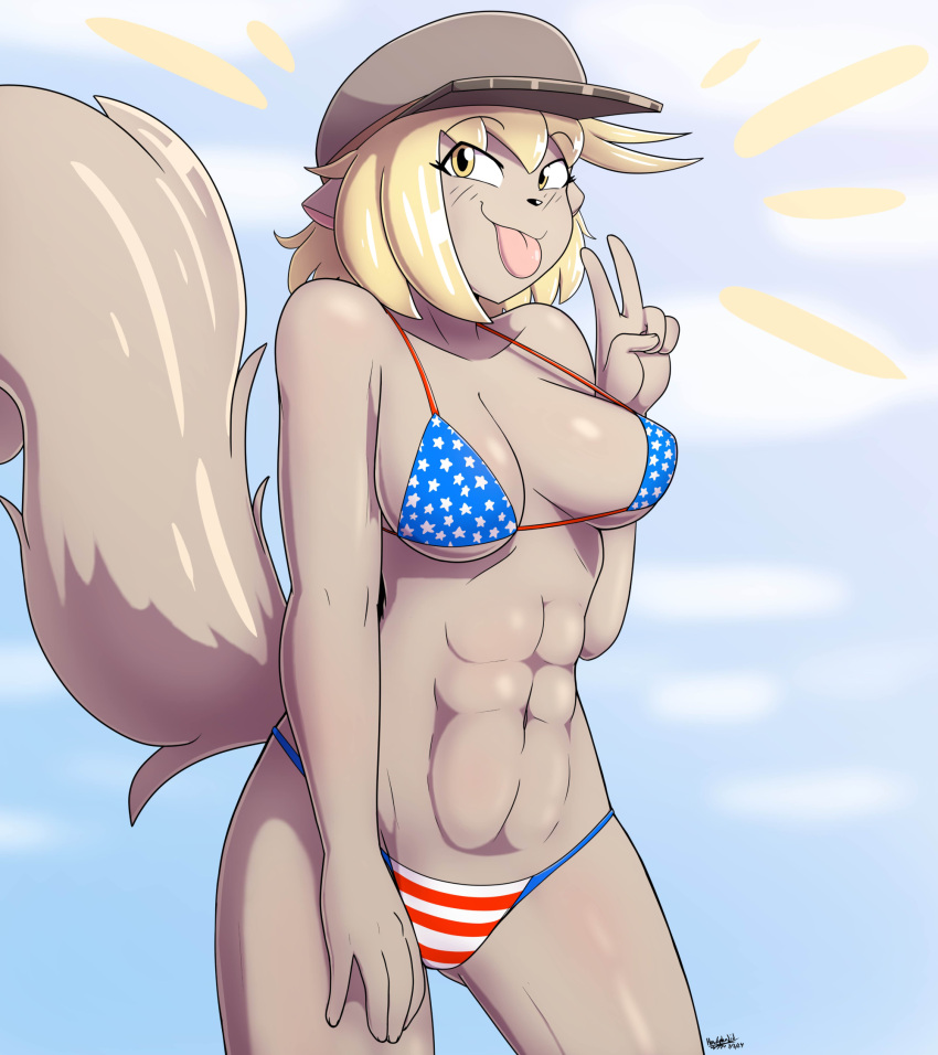 2024 4th_of_july 5_fingers abs american_flag american_flag_bikini anthro bikini bikini_bottom bikini_top black_nose blonde_hair blue_bikini blue_bikini_top blue_clothing blue_swimwear blush blush_lines breasts brown_clothing brown_hat brown_headwear clothing cloud colored curled_tail dated digital_drawing_(artwork) digital_media_(artwork) eyebrows eyelashes female fingers flag flag_bikini flag_clothing flag_print flag_swimwear gesture glistening glistening_body glistening_eyes hair hand_gesture hand_on_leg hand_on_own_leg hand_on_own_thigh hand_on_thigh hat headgear headwear hi_res holidays howsplendid long_hair long_tail looking_at_viewer mammal multicolored_bikini multicolored_clothing multicolored_swimwear muscular muscular_anthro muscular_female pattern_clothing portrait pose red_stripes rodent sciurid shaded signature sky sky_background skyscape solo sonia_cal standing star_symbol striped_clothing stripes summer swimwear tail thick_thighs three-quarter_portrait tomboy toned_female tongue tongue_out tree_squirrel two-piece_swimsuit united_states_of_america v_sign white_stripes yellow_eyes