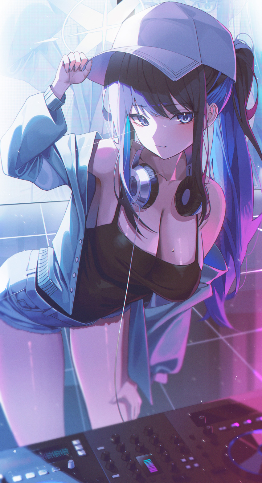 absurdres aqua_jacket bare_shoulders baseball_cap black_camisole black_hair black_tank_top blue_archive blue_eyes blue_hair breasts camisole cleavage colored_inner_hair commentary_request denim denim_shorts dj domi_(hongsung0819) female hand_on_own_thigh hat headphones headphones_around_neck highres holding jacket large_breasts leaning_forward mixing_console multicolored_hair off_shoulder official_alternate_costume ponytail saori_(blue_archive) saori_(swimsuit)_(blue_archive) shirt_tucked_in short_shorts shorts sidelocks solo sweat tank_top tile_floor tiles white_hat