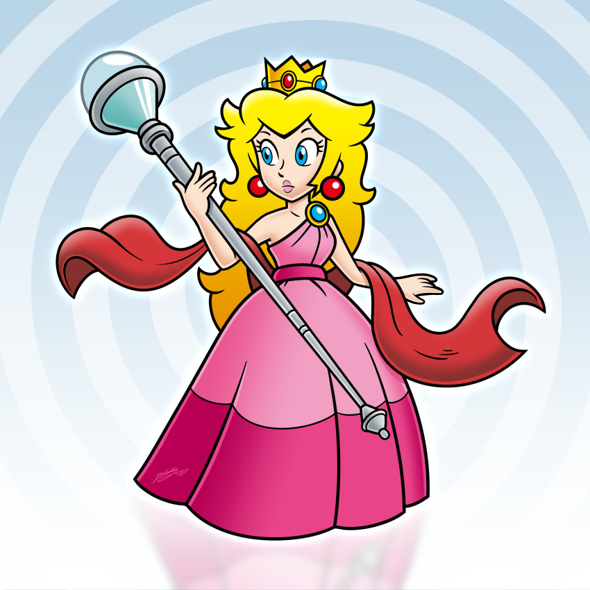 absurdres adapted_costume bare_arms bare_shoulders blonde_hair blue_eyes crown doc_shoddy dress earrings english_commentary female highres holding holding_staff jewelry long_hair mario_(series) mini_crown pink_dress pink_lips princess_peach shawl single-shoulder_dress solo staff standing very_long_hair