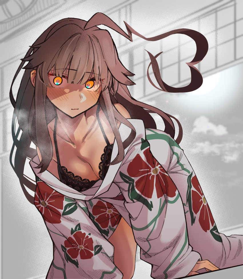 absurdres ahoge all_fours blush bra breasts cleavage commentary_request female floral_print hair_between_eyes heart heart-shaped_pupils heart_ahoge highres huge_ahoge japanese_clothes kantai_collection kimono kuma_(kancolle) long_hair long_sleeves looking_at_viewer medium_breasts oerba_yun_fang off_shoulder official_alternate_costume orange_eyes parted_lips shiawase_hougan sidelocks skin_fang solo steam symbol-shaped_pupils underwear yukata