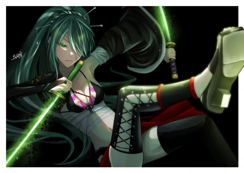 absurdres bandage_over_one_eye bandaged_torso bikini border breasts cleavage clothing_request colored_eyelashes commentary_request dual_wielding female floating_clothes front-tie_bikini_top front-tie_top glowing glowing_weapon green_eyes green_hair hair_ornament hairpin hatsune_miku highres holding holding_sword holding_weapon katana knife_(vocaloid) kuroageha_(kurorororo_03) leg_up long_hair medium_breasts midriff moonlight_butterfly_(module) multiple_hairpins navel one_eye_covered ponytail project_diva_(series) sitting solo swimsuit sword thighhighs very_long_hair vocaloid weapon white_border