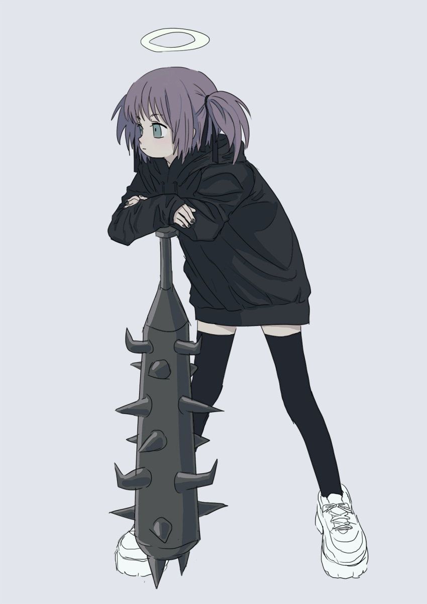 alternate_costume black_hoodie black_nails black_ribbon black_thighhighs bokusatsu_tenshi_dokuro-chan closed_mouth club_(weapon) expressionless female full_body green_eyes grey_background hair_ribbon halo hands_on_hilt highres hood hood_down hoodie leaning_on_weapon long_sleeves looking_ahead mitsukai_dokuro no_pants planted planted_club platform_footwear ribbon shoes short_hair short_twintails simple_background sneakers sokoko solo spiked_club standing thighhighs twintails weapon zettai_ryouiki