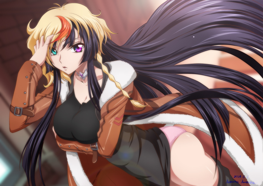 ass belt black_hair breasts choker coat code_geass code_geass:_dakkan_no_roze female fur-trimmed_coat fur_trim green_eyes heterochromia jacket kaname_aomame large_breasts long_hair looking_at_viewer multicolored_hair open_clothes open_jacket open_mouth panties pink_panties purple_eyes solo sumeragi_sakuya thighs underwear wig