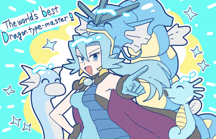 :d ^_^ biting blue_background blue_bodysuit blue_eyes blue_gloves blue_hair bodysuit clair_(pokemon) closed_eyes commentary dratini emphasis_lines english_commentary english_text fang_out female gloves gyarados hair_between_eyes hand_on_own_hip head_biting highres horsea long_hair multicolored_background oerba_yun_fang pointing pokemon pokemon_(creature) pokemon_hgss shu_(witb_) sleeveless sleeveless_bodysuit smile star_(symbol) white_background yellow_background