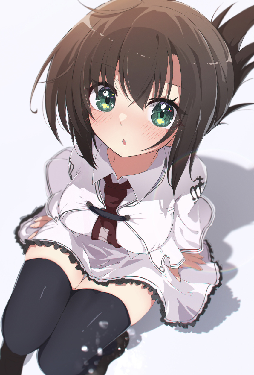 :o absurdres black_thighhighs blush brown_footwear brown_hair capelet female gabanborjarnon green_eyes grey_background highres loafers looking_at_viewer necktie open_mouth red_necktie school_uniform shirt shoes simple_background skirt solo subarashiki_hibi tachibana_kimika thick_thighs thighhighs thighs white_capelet white_shirt white_skirt