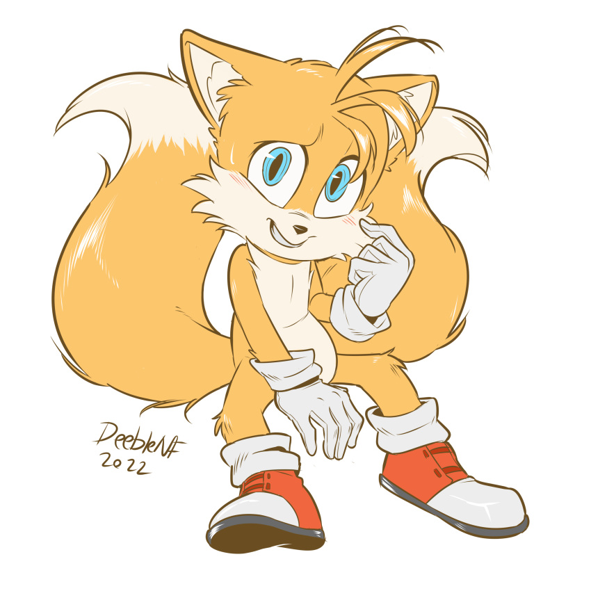 2_tails absurd_res anthro blue_eyes blush canid canine clothing deeb890 embarrassed footwear fox fur gloves handwear hi_res looking_at_viewer male mammal multi_tail orange_body orange_fur sega shoes solo sonic_the_hedgehog_(film) sonic_the_hedgehog_(series) tail tails