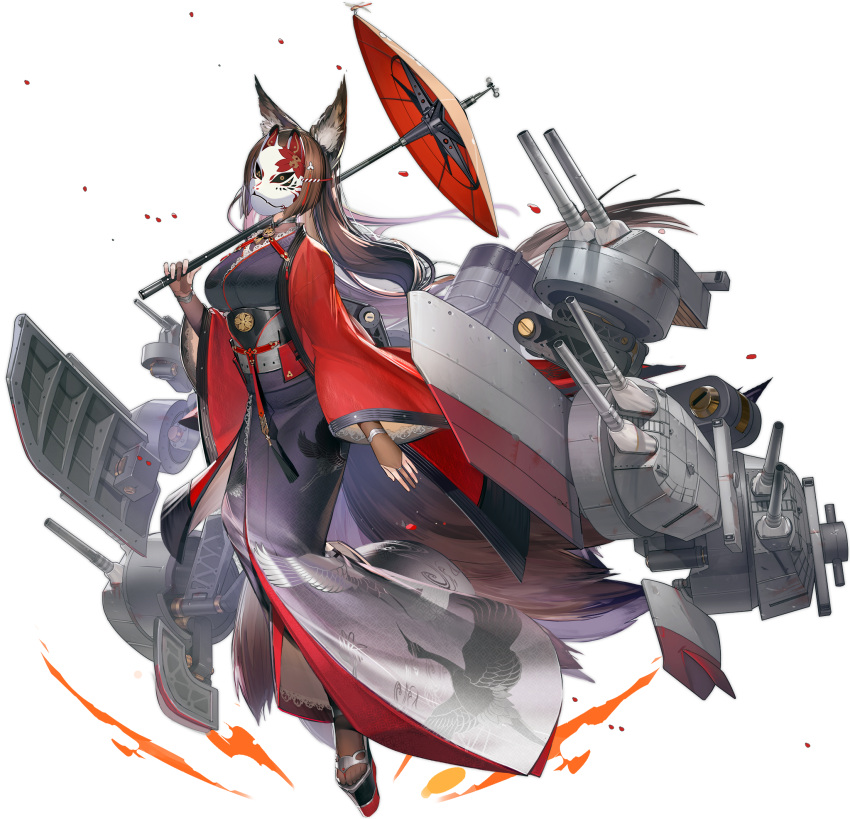 amagi_(azur_lane) animal_ears animal_print azur_lane bird blush breasts bridal_gauntlets brown_gloves cannon choker coat crane_(animal) female floating_hair fox_ears fox_mask full_body geta gloves hair_ornament head_tilt highres holding holding_umbrella japanese_clothes kimono large_breasts liduke long_hair looking_at_viewer mask masked non-web_source obi official_art oil-paper_umbrella purple_kimono red_coat rigging rudder_footwear sash sidelocks solo transparent_background turret umbrella wide_sleeves wind