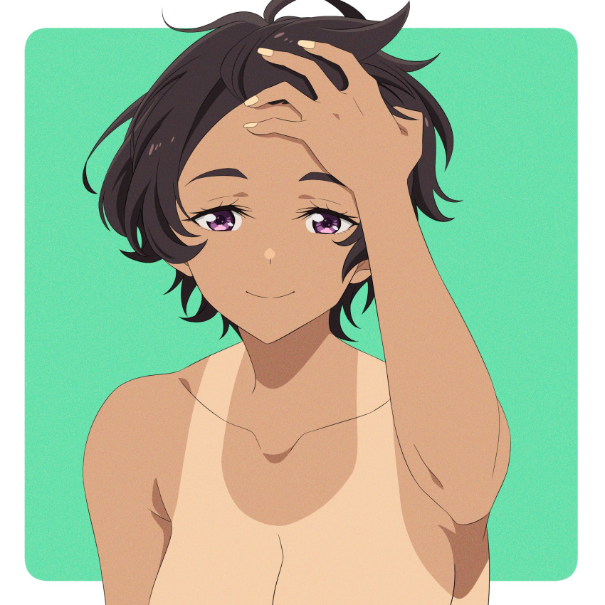 breasts closed_mouth collarbone dark-skinned_female dark_skin female green_background hand_on_forehead hand_up highres looking_at_viewer make_heroine_ga_oo_sugiru! medium_breasts messy_hair nude parted_bangs purple_eyes short_hair solo tan tanlines two-tone_background upper_body white_background yakishio_remon yuuta_(yuuta0312)