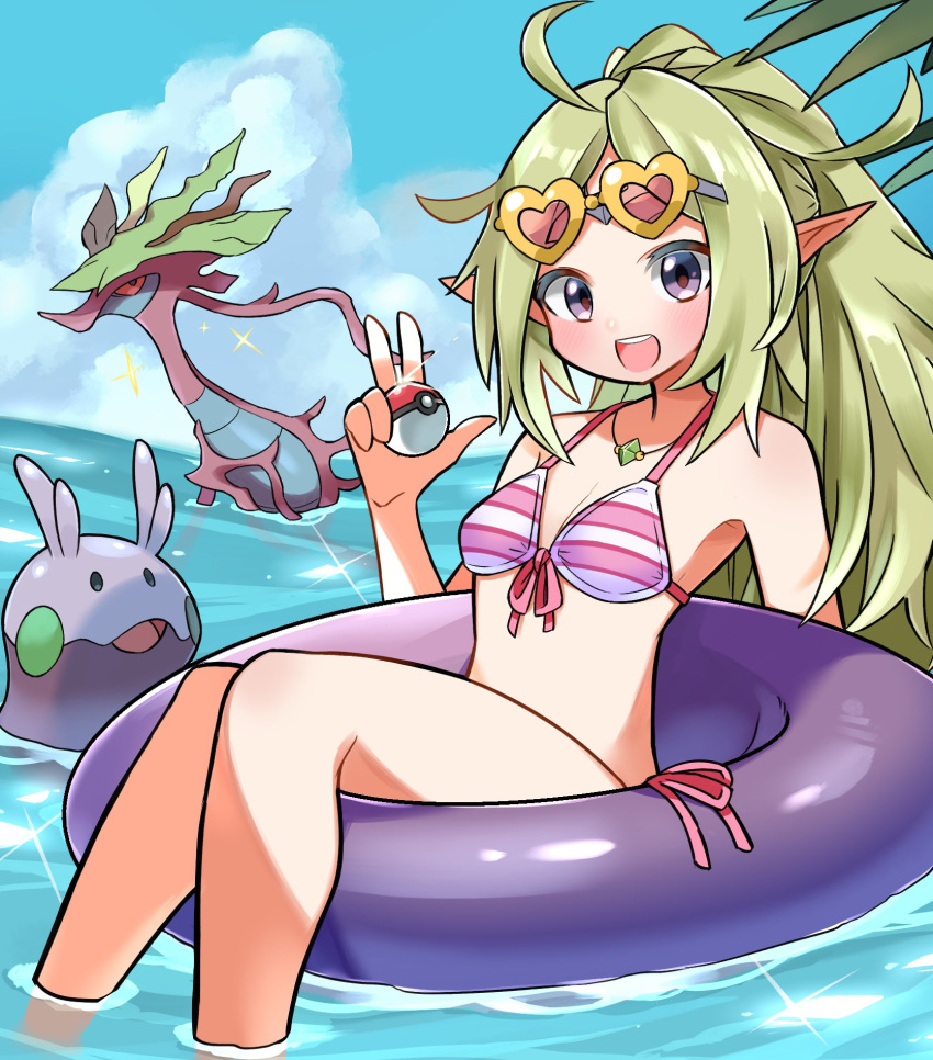 ahoge alternate_color bikini circlet commission commissioner_upload dragalge eyewear_on_head fire_emblem fire_emblem_awakening goomy green_hair heart heart-shaped_eyewear highres holding holding_poke_ball hyou_(hyouga617) innertube nintendo non-web_source nowi_(fire_emblem) pointy_ears poke_ball pokemon ponytail purple_eyes shiny_pokemon striped_bikini striped_clothes swim_ring swimsuit water