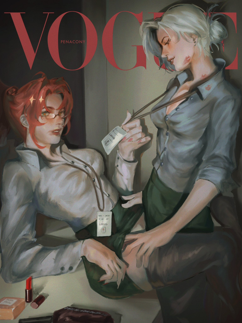 2girls alternate_costume argenti_(honkai:_star_rail) black_hair black_pants black_skirt black_thighhighs blue_shirt boothill_(honkai:_star_rail) collared_shirt commentary contemporary cover english_text fake_cover fake_magazine_cover genderswap_(mtf) glasses green_eyes hair_bun hand_under_clothes hand_under_skirt hashtag-only_commentary highres honkai:_star_rail honkai_(series) id_card l00106 lanyard lipstick lipstick_mark lipstick_mark_on_clothes lipstick_mark_on_face lipstick_mark_on_neck magazine_cover makeup multicolored_hair multiple_girls pants pencil_skirt pulling red_eyes red_hair red_pupils rule_63 shirt skirt thighhighs two-tone_hair vogue_(magazine) white_hair yuri