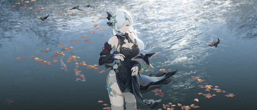 absurdres ancle_(aruncle) bare_shoulders black_dress breasts carp china_dress chinese_clothes cowboy_shot detached_sleeves dress female genshin_impact gradient_eyes grey_hair hair_ornament hair_over_one_eye highres lake large_breasts long_hair looking_at_viewer making-of_available multicolored_eyes official_alternate_costume shenhe_(frostflower_dew)_(genshin_impact) shenhe_(genshin_impact) sleeveless smile solo standing thighs very_long_hair white_hair