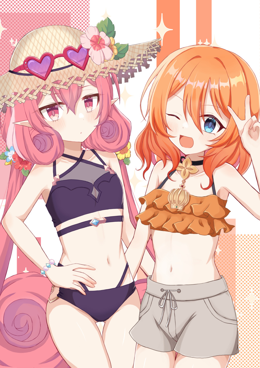 2girls bead_bracelet beads bikini blue_eyes blush bracelet brown_shorts cowboy_shot eyewear_on_headwear flat_chest flower flower_hairband frilled_bikini_top hand_on_own_hip hat heart heart-shaped_eyewear heart_o-ring highres jewelry muimi_(princess_connect!) multiple_girls navel neneka_(princess_connect!) neneka_(summer)_(princess_connect!) one_eye_closed open_mouth orange_bikini orange_hair pink_eyes pink_hair princess_connect! purple-tinted_eyewear purple_bikini pypy707 shorts straw_hat swimsuit tinted_eyewear v