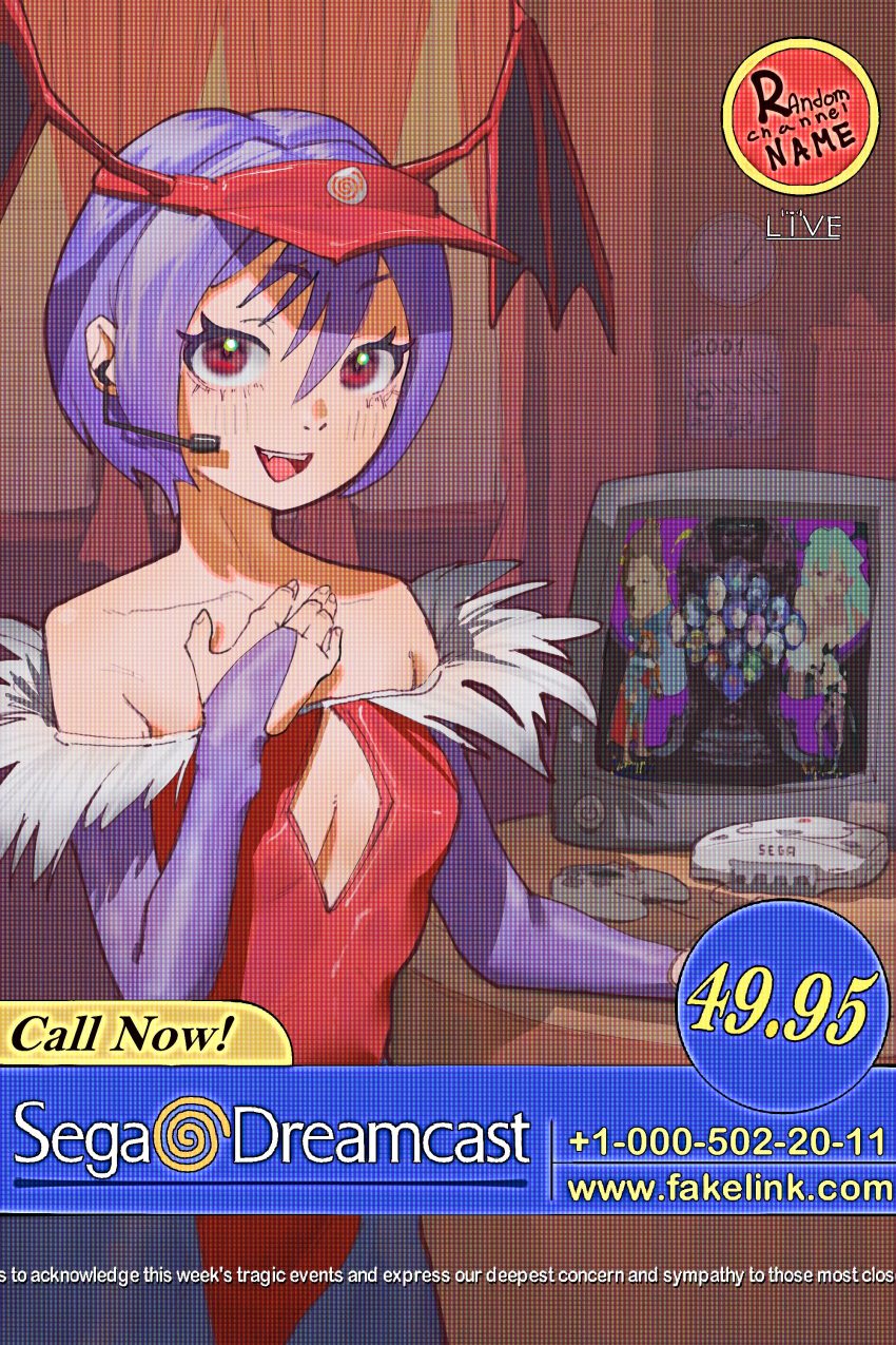 2001 absurdres bat_wings breasts bridal_gauntlets calendar_(object) capcom cleavage_cutout clock clothing_cutout crt curtains demon_girl diamond_cutout dreamcast_controller english_text eyelashes fake_screenshot feather_trim female fur-trimmed_leotard fur_trim game_console gloves hand_on_own_chest head_wings headset highres leotard lilith_aensland looking_at_viewer microphone newgrounds oerba_yun_fang off-shoulder_leotard open_mouth pantyhose parody phone_number purple_gloves purple_pantyhose red_leotard red_wings scanlines sega_dreamcast small_breasts smile solo subtitled television vampire_(game) video_game visor_cap wall_clock wings yaroslavee