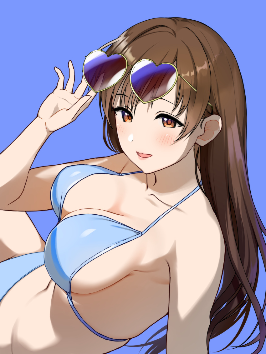 absurdres bikini blue_background blue_bikini blush breasts brown_eyes brown_hair cleavage commentary_request eyewear_on_head female heart heart-shaped_eyewear highres idolmaster idolmaster_cinderella_girls large_breasts long_hair looking_at_viewer natsuya_(natuya777) navel nitta_minami open_mouth simple_background smile solo stomach swimsuit upper_body