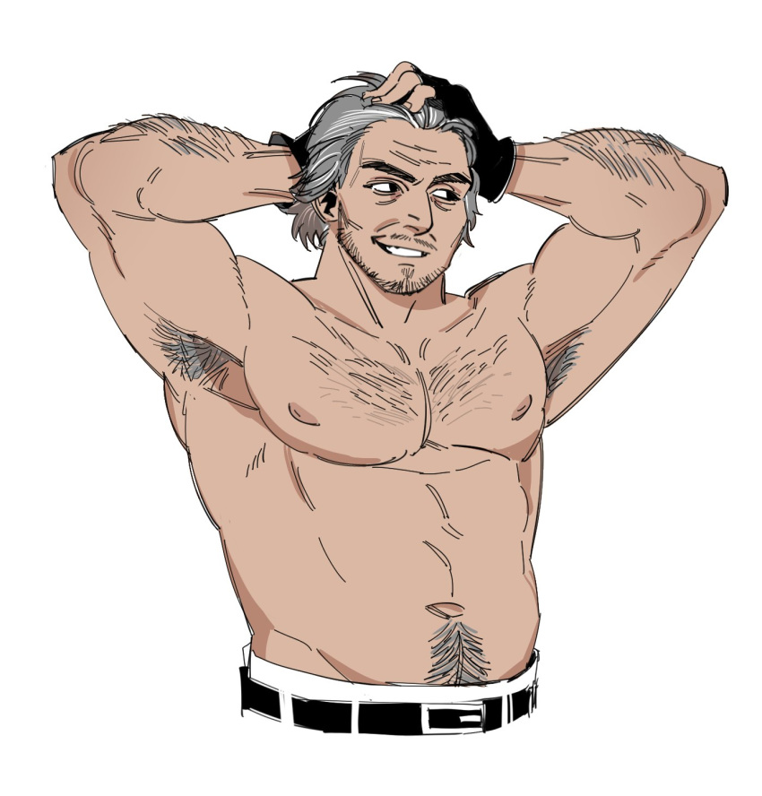 1boy adachi_koichi armpit_hair armpits arms_up bara beard_stubble blending cropped_legs facial_hair fuxkedup893 grey_hair grin hairy hand_in_own_hair highres jacket large_pectorals looking_to_the_side male_focus mature_male muscular muscular_male mustache_stubble navel navel_hair nipples pectorals red_jacket ryuu_ga_gotoku_(series) ryuu_ga_gotoku_7 short_hair smile solo sparse_chest_hair stomach stubble thick_navel_hair topless_male