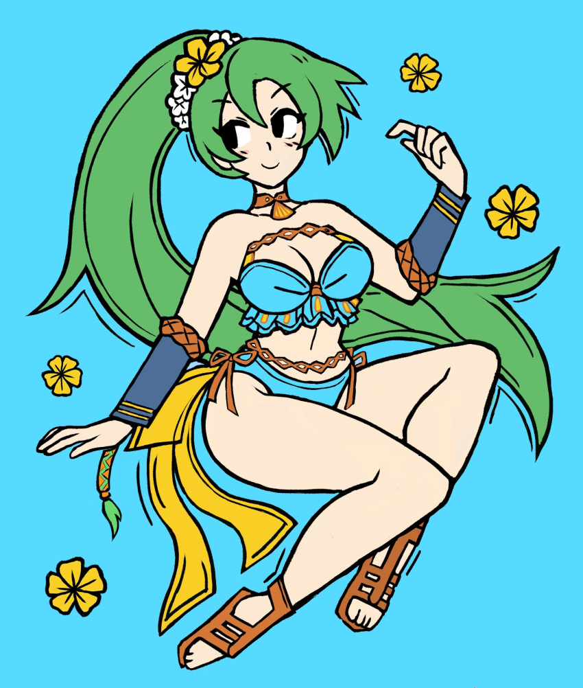 arm_warmers bikini blue_background blue_bikini breasts brown_footwear carrutsoup cleavage female fire_emblem fire_emblem:_the_blazing_blade fire_emblem_heroes flower frilled_bikini frills full_body gladiator_sandals green_hair hair_flower hair_ornament happy high_ponytail highres jewelry leather_choker long_hair looking_to_the_side lyn_(fire_emblem) lyn_(summer)_(fire_emblem) medium_breasts navel necklace official_alternate_costume sandals side-tie_bikini_bottom simple_background solo stomach strapless strapless_bikini swimsuit tassel toes v-shaped_eyebrows very_long_hair