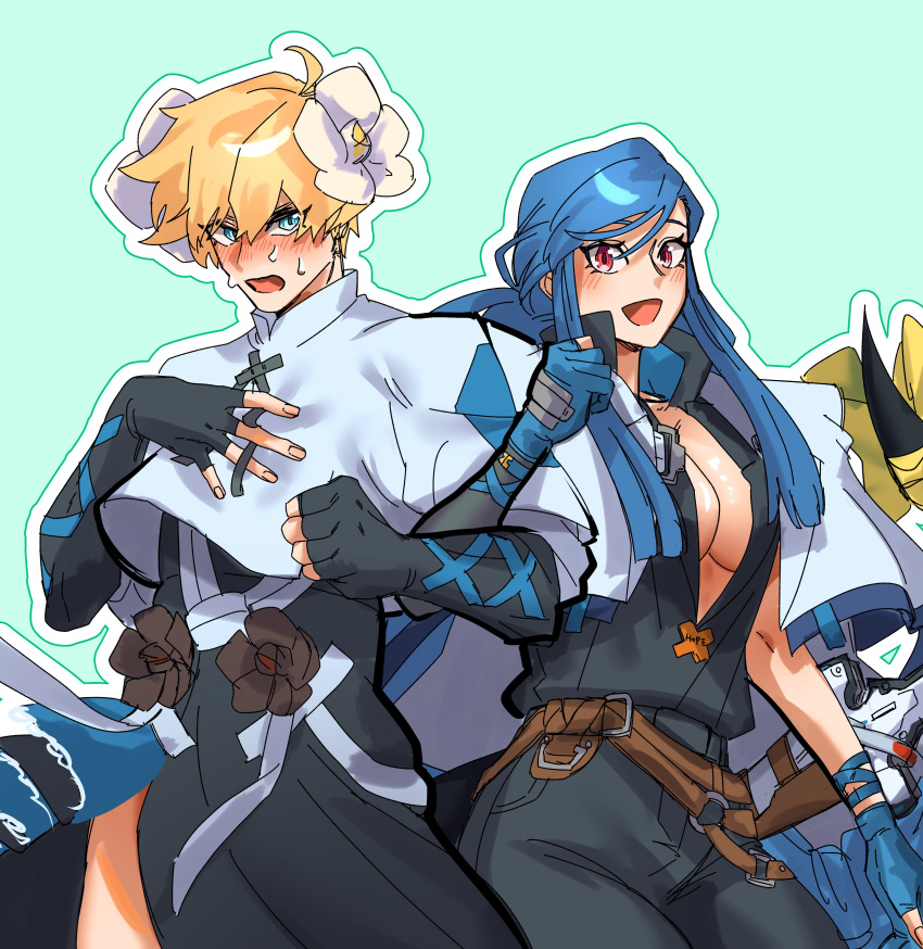 1boy absurdres blue_hair blush breasts cleavage cosplay costume_switch dizzy_(guilty_gear) dizzy_(guilty_gear)_(cosplay) elbow_gloves female fingerless_gloves flower gloves guilty_gear guilty_gear_strive hair_flower hair_ornament highres husband_and_wife ky_kiske ky_kiske_(cosplay) long_hair looking_at_viewer nekoha0901 official_alternate_hairstyle open_mouth queen_dizzy red_eyes sidelocks smile swept_bangs