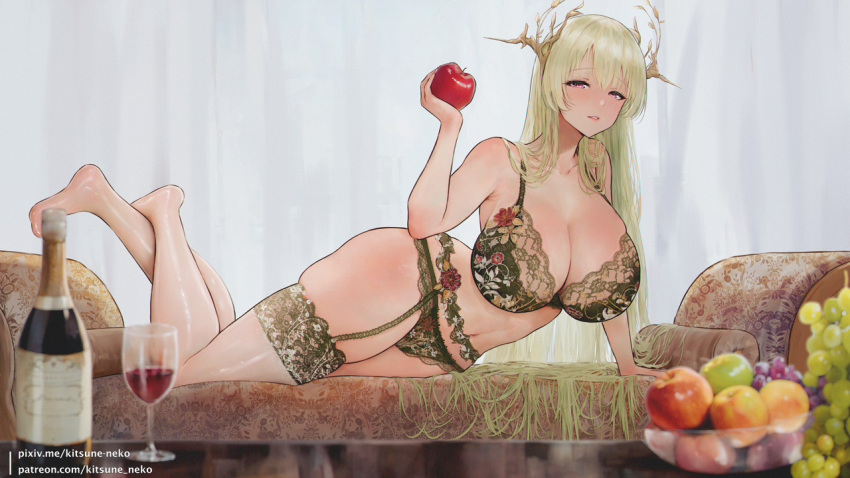 alcohol apple artist_name azur_lane blonde_hair bottle bra breasts cleavage cup drinking_glass female flower food fruit fruit_bowl full_body garter_belt grapes hair_branch holding holding_food holding_fruit kitsune-neko lace lace-trimmed_garter_belt lace-trimmed_legwear lace_trim large_breasts lingerie long_hair looking_at_viewer lying napoli_(azur_lane) panties patreon_username pink_eyes solo thighhighs underwear very_long_hair white_background wine wine_bottle wine_glass