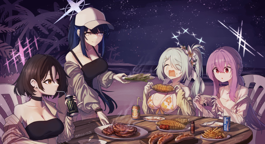 4girls absurdres aqua_hair arius_squad_(blue_archive) atsuko_(blue_archive) atsuko_(swimsuit)_(blue_archive) baseball_cap beach black_hair blue_archive blue_hair breasts camera can corn corn_cob crying drink_can ear_piercing flower food food_on_face hair_flower hair_ornament halo hat highres hiyori_(blue_archive) hiyori_(swimsuit)_(blue_archive) holding holding_camera large_breasts long_hair misaki_(blue_archive) misaki_(swimsuit)_(blue_archive) mitochondrion monster_energy multiple_girls night piercing ponytail purple_hair saori_(blue_archive) saori_(swimsuit)_(blue_archive) sausage side_ponytail sky star_(sky) starry_sky steak streaming_tears table tears