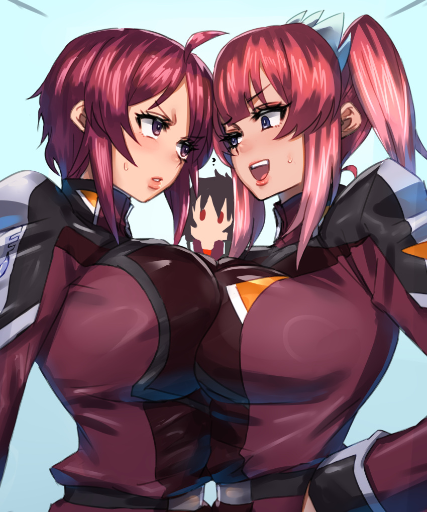 1boy 2girls ? absurdres agnes_giebenrath annoyed belt black_belt black_hair blue_background blue_eyes blush breast_press breasts cowlick eyeshadow gundam gundam_seed gundam_seed_freedom hair_behind_ear hand_on_own_hip highres jacket large_breasts lunamaria_hawke makeup multiple_girls open_mouth parted_lips pink_hair pink_lips purple_eyes quanero red_eyes red_eyeshadow red_hair red_jacket shinn_asuka short_hair symmetrical_docking twintails v-shaped_eyebrows