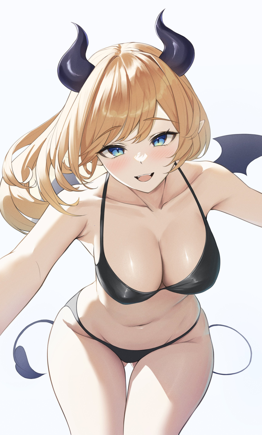 :d absurdres alternate_costume ass_visible_through_thighs bikini black_bikini black_horns black_wings blonde_hair blue_eyes blush breasts cleavage collarbone commentary cowboy_shot demon_girl demon_horns demon_tail demon_wings female floating_hair groin highres hololive horns large_breasts leaning_forward long_hair looking_at_viewer navel nekorone0222 no_tattoo outstretched_arms pointy_ears reaching reaching_towards_viewer simple_background smile solo standing stomach straight-on swept_bangs swimsuit symbol-only_commentary tail teeth upper_teeth_only virtual_youtuber white_background wings yuzuki_choco