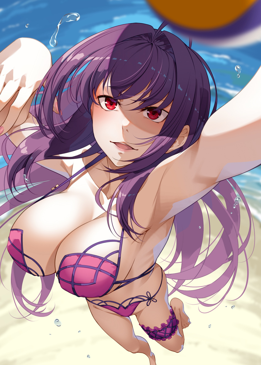 absurdres bare_shoulders beach bikini breasts bridal_garter cleavage collarbone fate/grand_order fate_(series) female highres large_breasts long_hair looking_at_viewer mukunokino_isshiki open_mouth purple_bikini purple_hair red_eyes scathach_(fate) scathach_(swimsuit_assassin)_(fate) shore smile solo swimsuit thighs