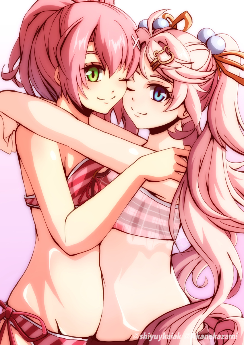 2girls akane_kazami bikini blue_eyes commission eiyuu_densetsu english_text gradient_background green_eyes hair_between_eyes hair_bun hajimari_no_kiseki highres hug juna_crawford long_hair multiple_girls nadia_rayne one_eye_closed parted_bangs pink_hair pom_pom_(clothes) short_hair simple_background skeb_commission strapless swimsuit tube_top twintails twitter_username white_background