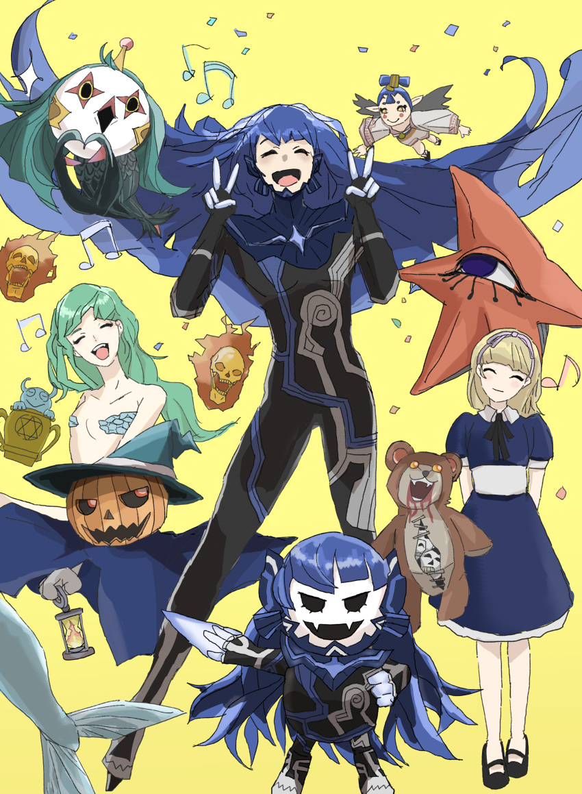 1boy 3girls :d ^_^ absurdres agathion_(megami_tensei) alice_(megami_tensei) amanozako_(megami_tensei) black_bodysuit blue_hair bodysuit bugbear bugs_(megami_tensei) character_request closed_eyes commentary_request confetti decarabia_(megami_tensei) double_v haruhuru_8686 highres long_hair mermaid_(megami_tensei) multiple_girls musical_note nahobeeho protagonist_(smtv) pyro_jack shin_megami_tensei shin_megami_tensei_v shin_megami_tensei_v:_vengeance simple_background smile v yellow_background