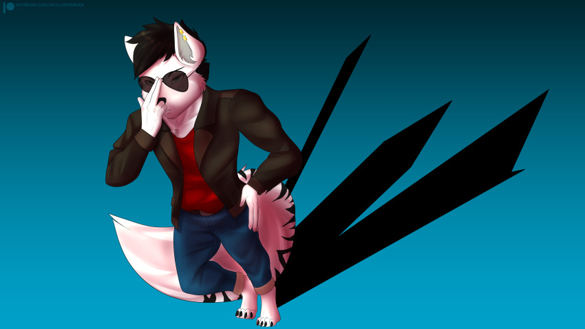 16:9 4k absurd_res anthro aviators biped black_hair canid canine canis clothed clothing digital_media_(artwork) felid hair hi_res hybrid james_lancaster mammal pantherine shaded skylosminkan solo striped_body stripes tiger widescreen wolf