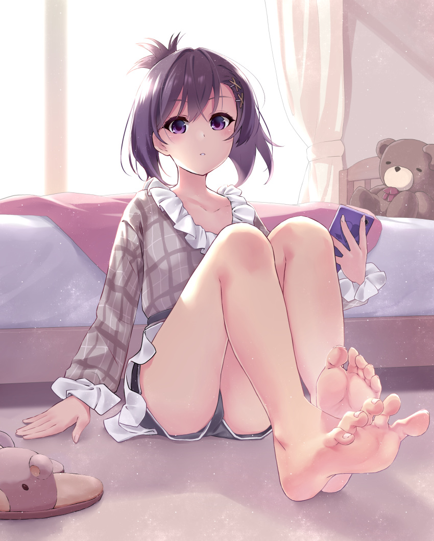 absurdres bare_legs barefoot bed bedside blush curtains dolphin_shorts feet female foot_focus foreshortening gabriel_dropout hair_between_eyes hair_ornament hairclip highres holding holding_phone indoors knees_up light_particles long_sleeves looking_at_viewer parted_lips phone plaid plaid_shirt purple_eyes purple_hair sazanka shirt short_hair short_shorts shorts sitting slippers soles solo stuffed_animal stuffed_toy teddy_bear toenails toes vignette_tsukinose_april x_hair_ornament