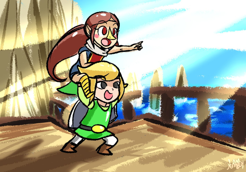 bad_id bad_twitter_id beak black_eyes blonde_hair brown_hair commentary english_commentary green_headwear i_am_jemboy link medli red_eyes rito the_legend_of_zelda the_legend_of_zelda:_the_wind_waker toon_link tunic