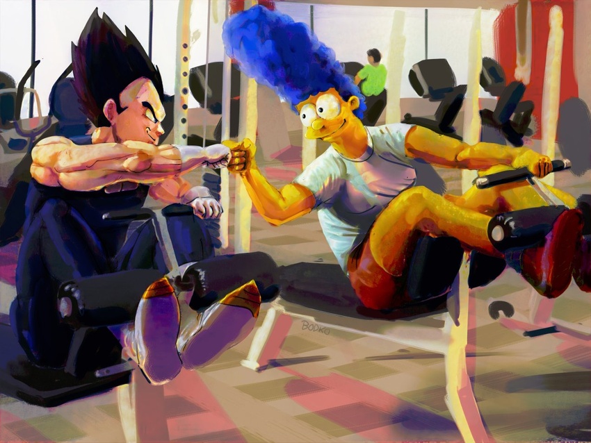 1boy black_hair blue_hair bodko_(comradebodko) closed_mouth colored_skin commentary crossover dragon_ball dragon_ball_z english_commentary exercise_machine eye_contact female fist_bump gloves gym indoors jewelry looking_at_another marge_simpson muscular muscular_female muscular_male shirt short_sleeves shorts smile spiked_hair the_simpsons vegeta white_shirt yellow_skin