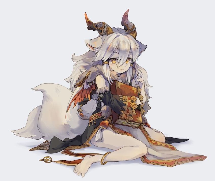 animal_ears anklet bare_legs barefoot blush book brown_eyes commentary detached_sleeves einri female full_body fur_trim hair_tubes highres horns ilmina_(p&d) jewelry multiple_tails puzzle_&_dragons sitting solo symbol-only_commentary tail twirling_hair wariza white_hair