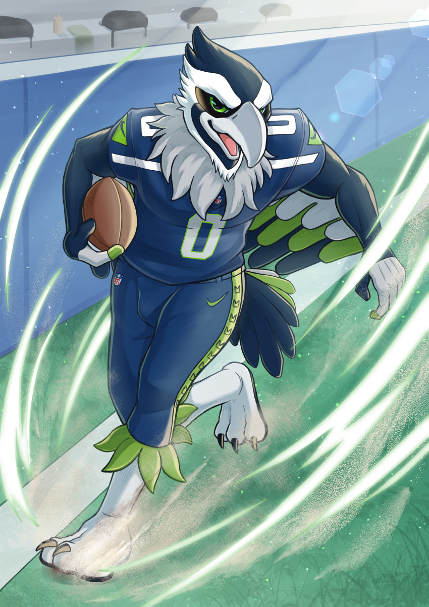 2022 3_toes 5_fingers absurd_res accipitrid accipitriform american_football anthro athletic athletic_anthro athletic_male avian avian_feet ball beak biceps biped bird black_claws blitz_the_seahawk blue_body blue_feathers bottomwear bulge claws clothed clothing competition_number detailed_background digital_media_(artwork) feathered_wings feathers feet fingers football_uniform front_view full-length_portrait fully_clothed grass green_body green_eyes green_feathers gridiron_ball hi_res holding_ball holding_object jersey lens_flare light lighting logo looking_at_viewer male mascot multicolored_body multicolored_feathers nagisabus nfl nike number number_on_clothing number_on_jersey number_on_topwear number_print open_beak open_mouth outside pink_tongue plant portrait print_clothing print_jersey print_topwear running seattle_seahawks shaded solo sport sunlight tail tail_feathers talons toe_claws toes tongue topwear white_beak white_body white_feathers winged_arms wings