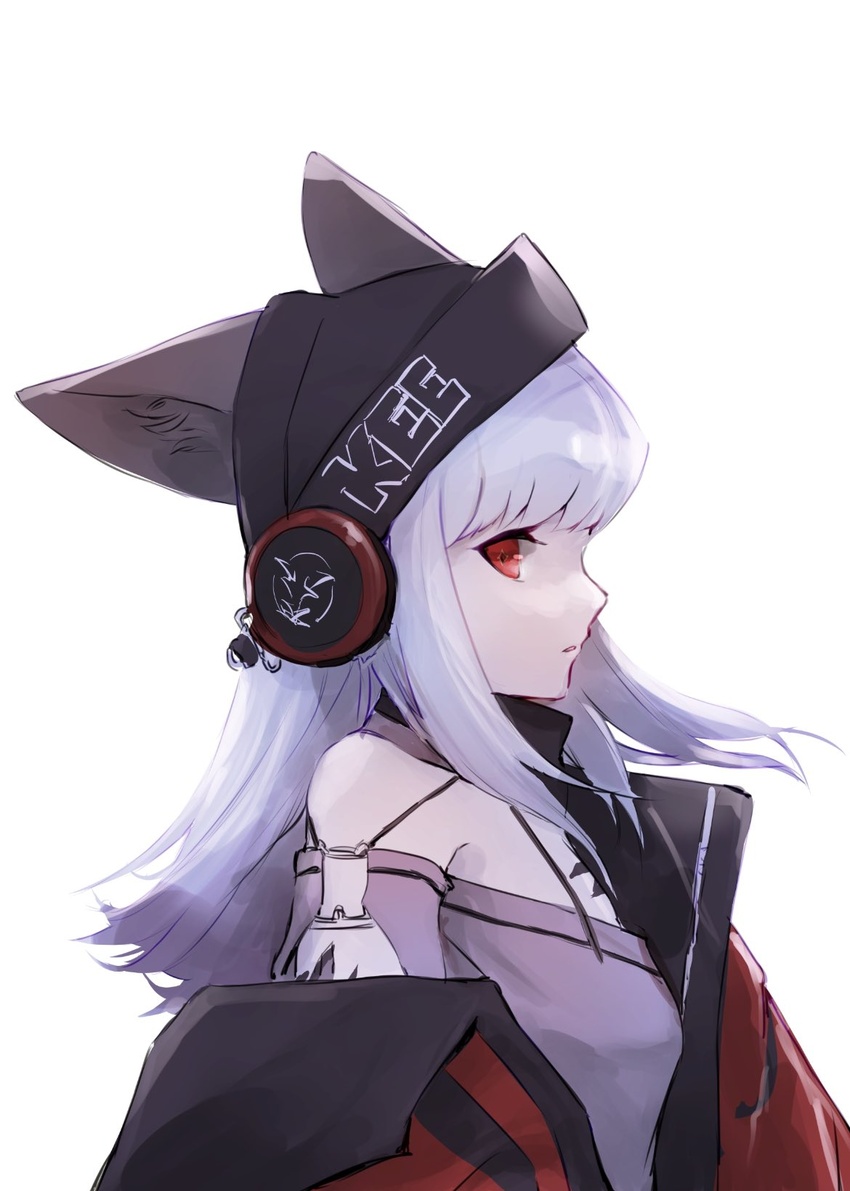 animal_ears arknights backlighting black_headwear black_neckwear commentary detached_sleeves e-bushi ears_through_headwear female floating_hair fox_ears from_side frostleaf_(arknights) grey_shirt headphones_over_headwear highres jacket long_hair long_sleeves looking_at_viewer material_growth off-shoulder_shirt off_shoulder oripathy_lesion_(arknights) oversized_clothes parted_lips profile red_eyes red_jacket scarf shirt sidelocks simple_background solo white_background white_hair woollen_cap