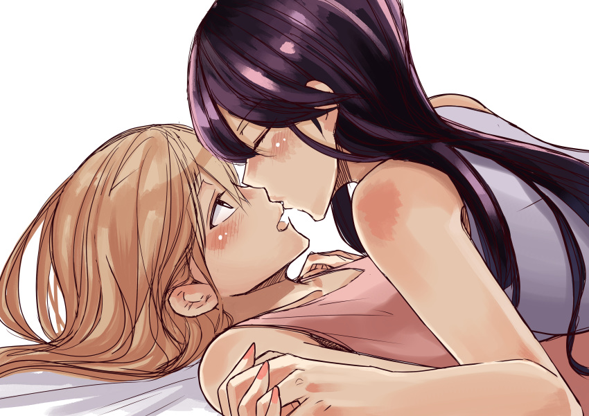 2girls absurdres aihara_mei aihara_yuzu black_hair blonde_hair citrus_(saburouta) closed_eyes commentary cowgirl_position fingernails from_side highres holding_hands inseki interlocked_fingers kissing looking_at_another lying multiple_girls on_back open_mouth simple_background step-siblings step-sisters sweet_reverie symbol-only_commentary white_background yuri