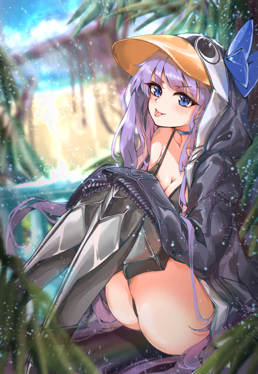 animal_costume animal_hood bikini bird black_bikini black_jacket blue_choker blue_eyes breasts choker collarbone fate/grand_order fate_(series) female highres hood hood_up jacket long_hair medium_breasts meltryllis_(fate) meltryllis_(swimsuit_lancer)_(fate) meltryllis_(swimsuit_lancer)_(first_ascension)_(fate) outdoors penguin penguin_costume penguin_hood prosthesis prosthetic_leg purple_hair ru_251 sitting sleeves_past_fingers sleeves_past_wrists smile solo swimsuit tongue tongue_out very_long_hair